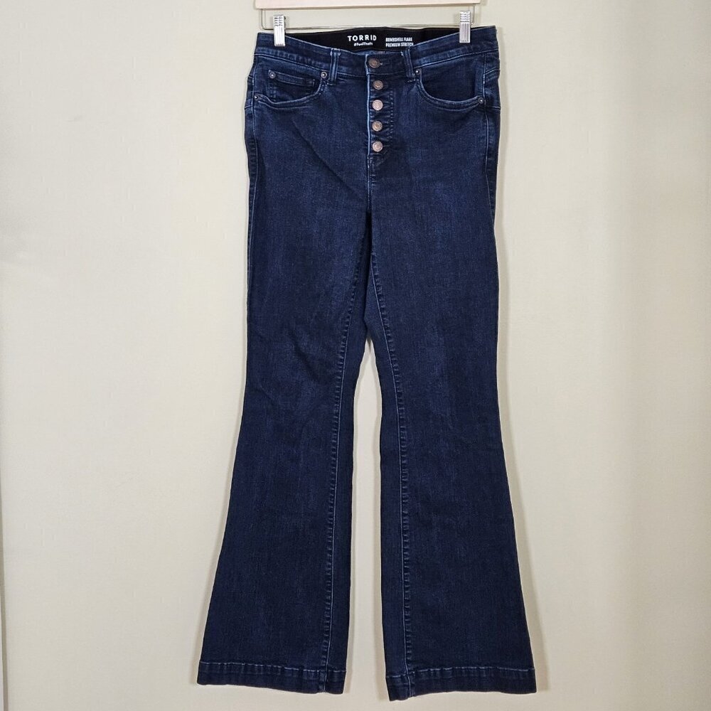 Torrid Jeans Women 12 Tall Blue Bombshell Flare Button Fly Stretch Denim Boho